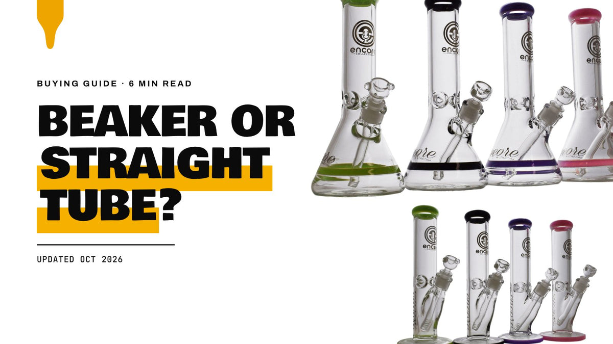 Beaker or Straight Tube: Encore 12-inch beaker bongs and Encore 12-inch straight tube bongs on a white background