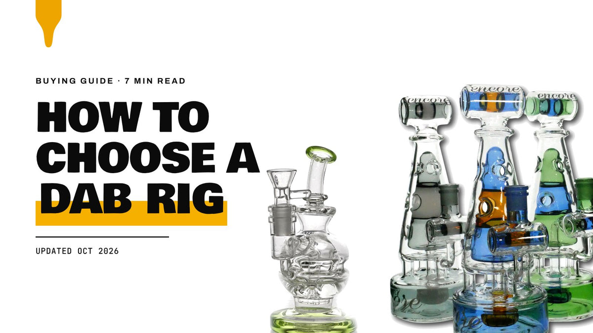 How to Choose a Dab Rig: Encore pyramid tower fab egg dab rigs and an Encore mini fab egg dab rig on a white background