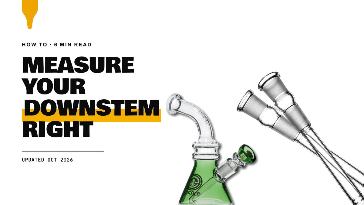 Measure Your Downstem Right: glass downstems and an Encore bent neck beaker bong on a white background