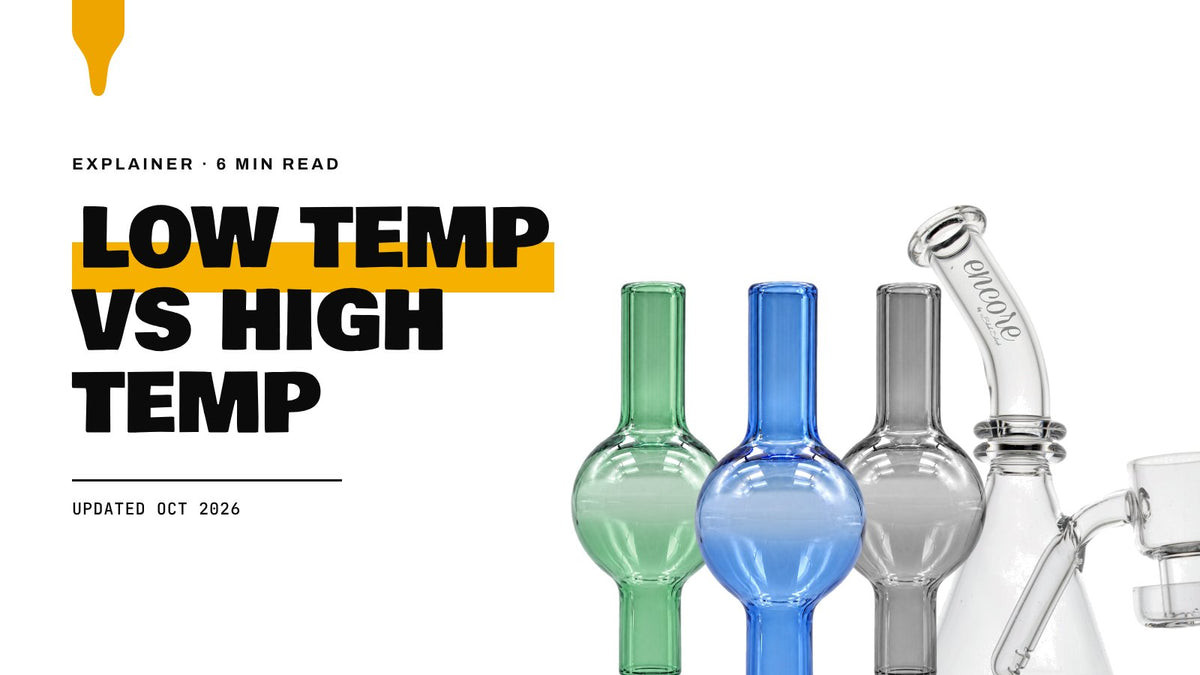 Low Temp vs High Temp: an Encore terp slurper rig and colored bubble carb caps on a white background
