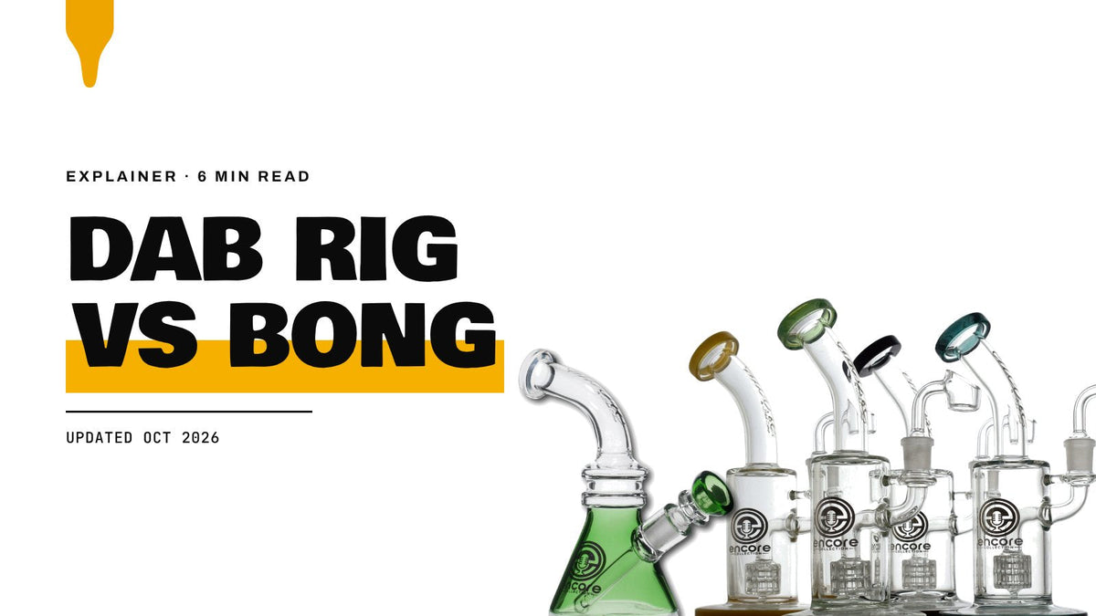 Dab Rig vs Bong: Encore barrel matrix dab rigs and an Encore bent neck beaker bong on a white background