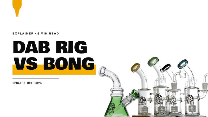 Dab Rig vs Bong: Encore barrel matrix dab rigs and an Encore bent neck beaker bong on a white background
