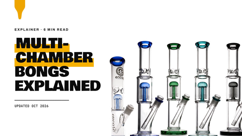 Multi-Chamber Bongs Explained: Encore tree perc straight tubes and an Encore straight tube bong on a white background