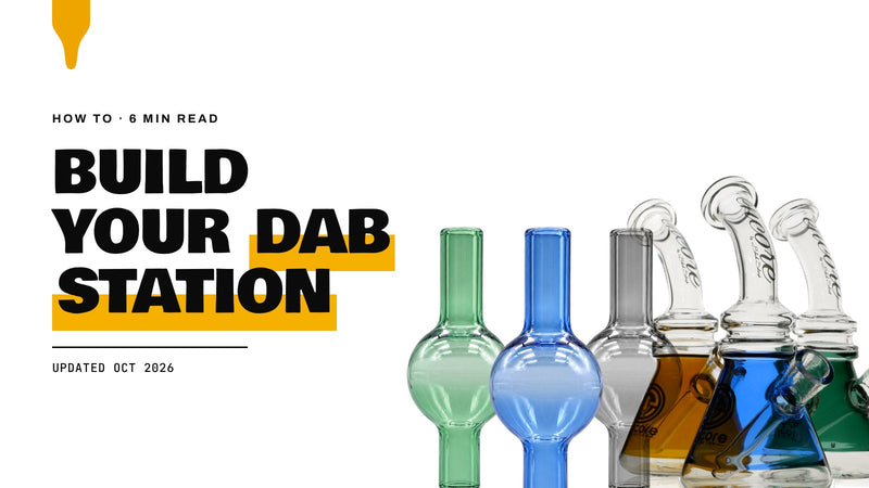 Build Your Dab Station: Encore banger hanger beaker rigs and colored bubble carb caps on a white background