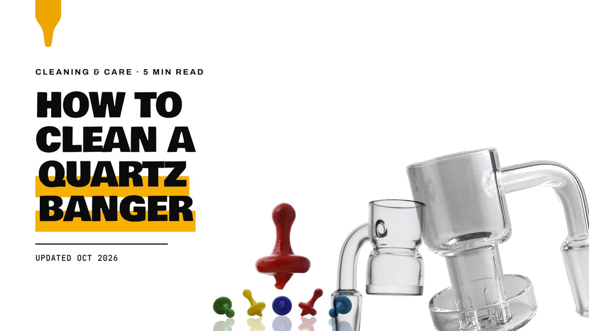 How to Clean a Quartz Banger: a quartz terp slurper banger, a quartz gavel banger and colored directional carb caps on a white background