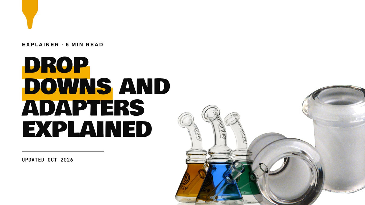 Drop Downs and Adapters Explained: low profile glass joint adapters and Encore banger hanger beaker rigs on a white background