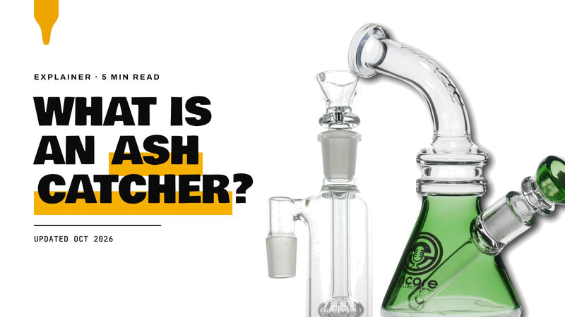 What Is an Ash Catcher: an Encore bent neck beaker bong and a glass ash catcher on a white background