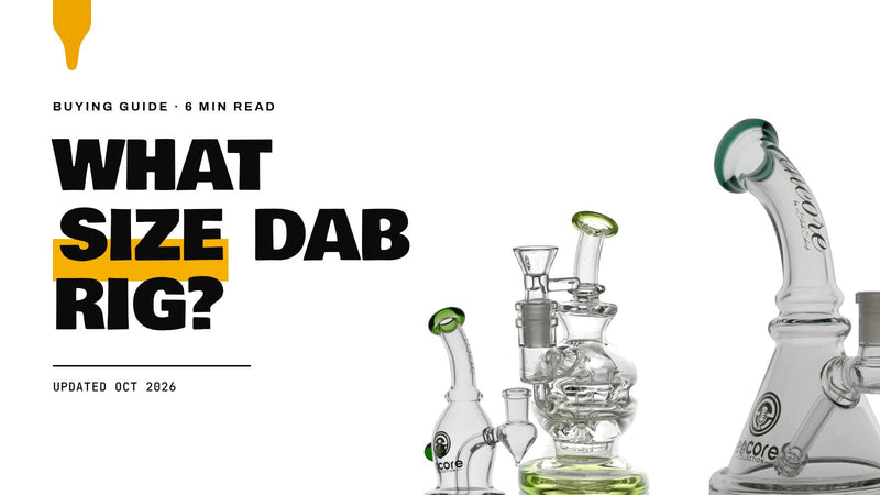 What Size Dab Rig: an Encore Matrix Puck dab rig, an Encore mini fab egg dab rig and the Encore Peanut mini rig on a white background