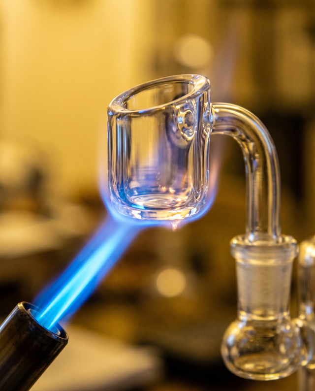 Clear quartz banger being heated with a blue torch flame