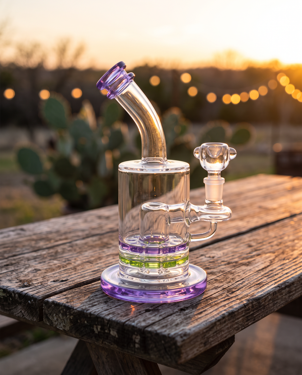 Black Sheep Gallery hand cannon glass bong on a patio table at sunset