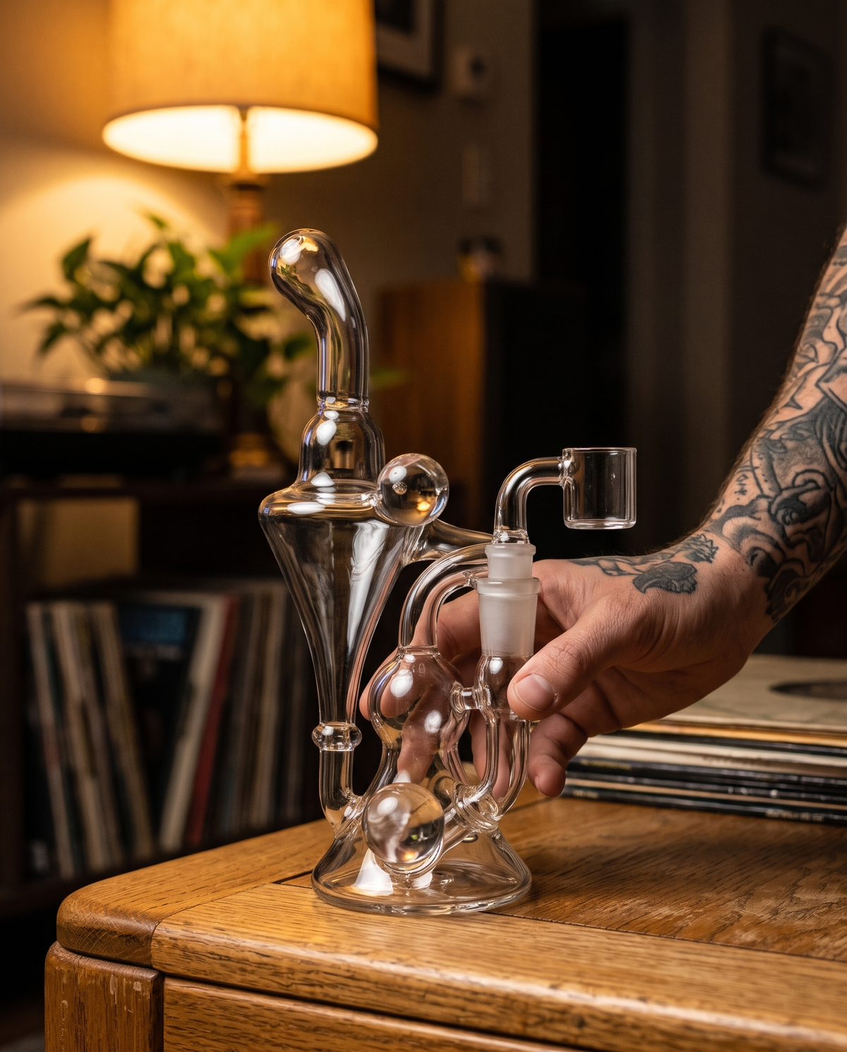 Hand reaching for an Encore Collection clear glass recycler rig on a coffee table
