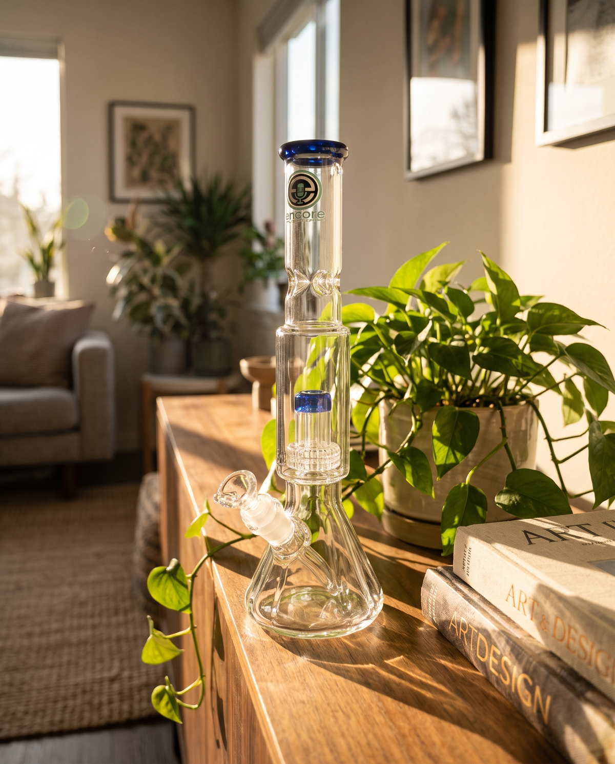 Encore Collection matrix salt shaker glass bong on a walnut sideboard