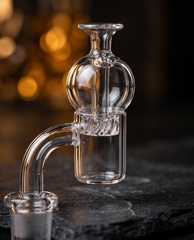 Clear bubble carb cap on a quartz flat-top banger, close up